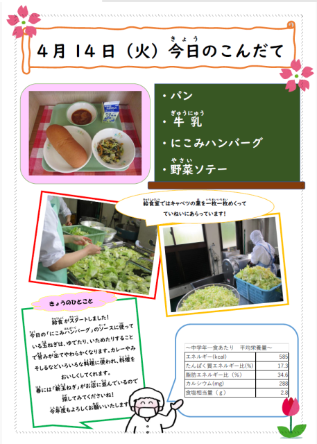 神戸市立向洋小学校-ニュース - 今日の給食 -
